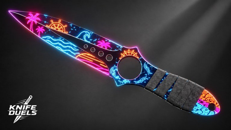 A neon tropical knife skin on the KNIFE DUELS banner