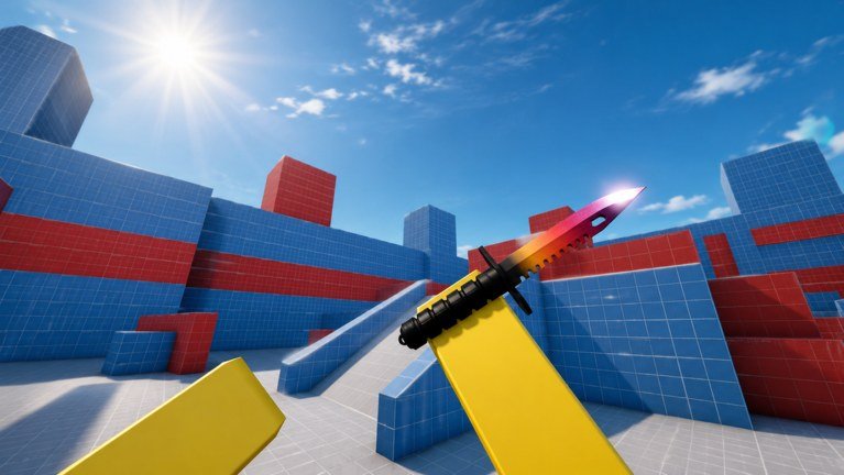 A first person knife held up in a red and blue blocky arena in KNIFE DUELS