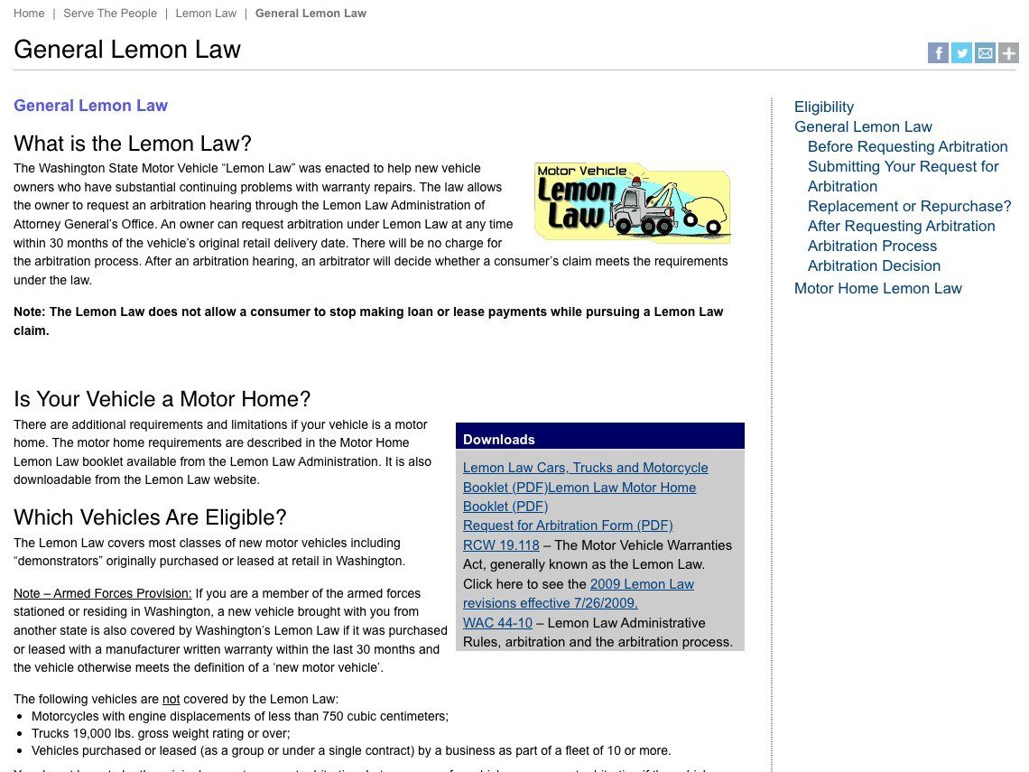 Washington Attorney General Lemon Law page describing free state arbitration within 30 months and excluded vehicles