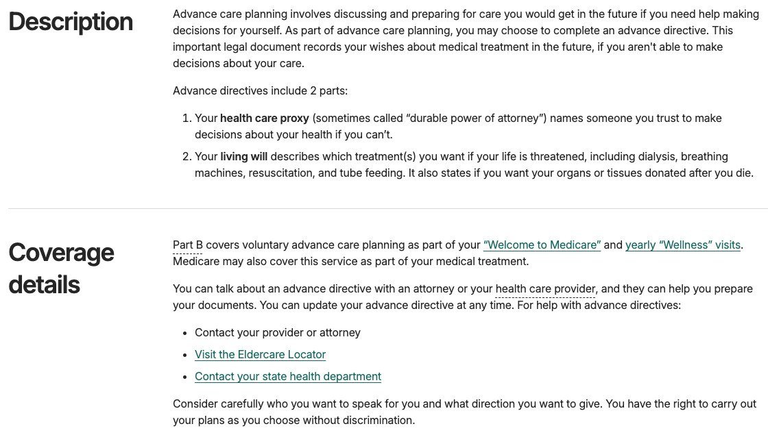 Medicare page describing advance directives as a health care proxy plus a living will covering dialysis, breathing machines, resuscitation and tube feeding