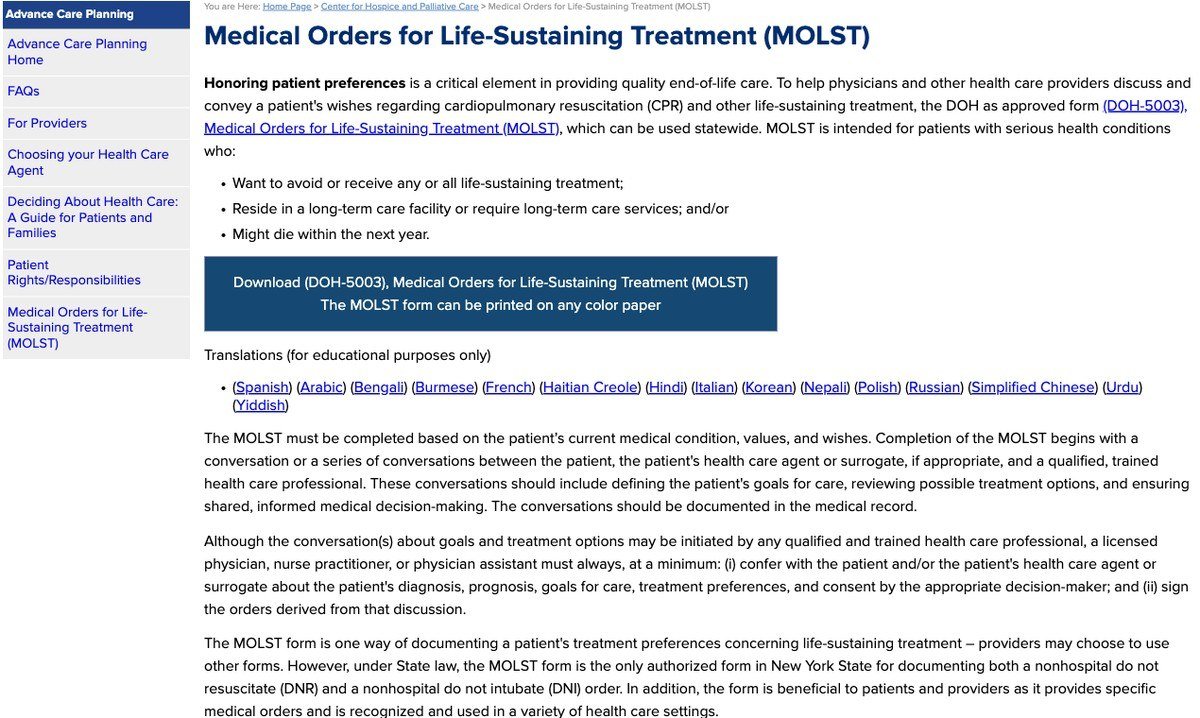 New York State Department of Health page for the MOLST form DOH-5003 used for patients with serious health conditions