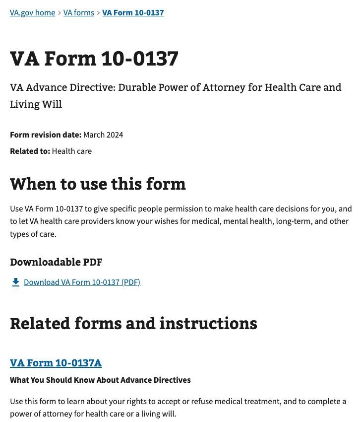 VA Form 10-0137 page for the VA Advance Directive, a durable power of attorney for health care and living will, revised March 2024