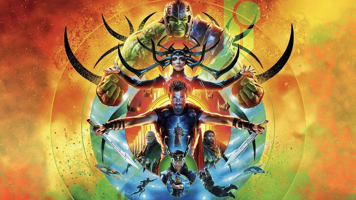 Thor, Hela, Hulk, Loki and Valkyrie arranged in a bright circular design