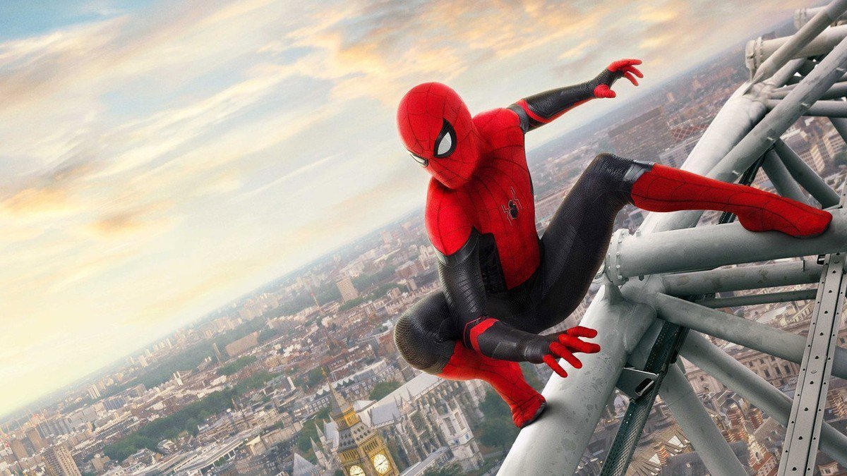 Spider-Man clings to a steel tower high above London