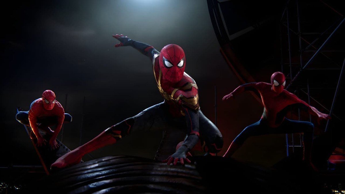 Three Spider-Men leap across a dark rooftop set