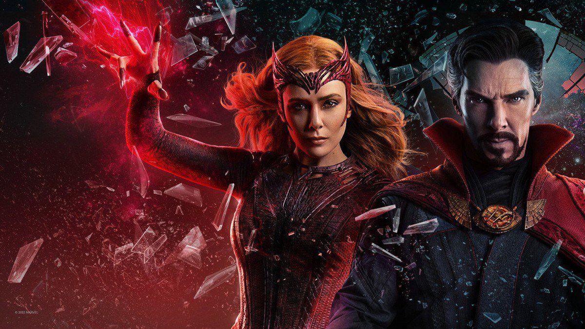 The Scarlet Witch and Doctor Strange among shards of floating glass