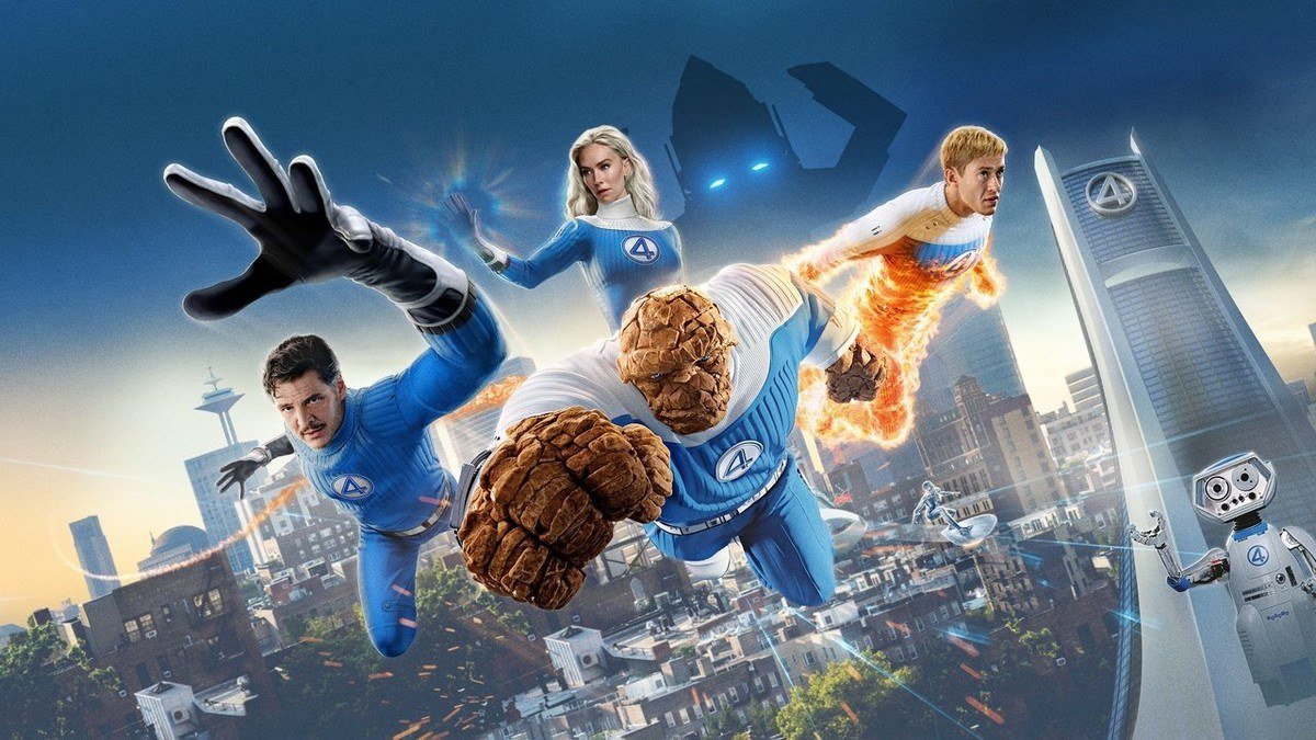 The Fantastic Four fly over a retro-futuristic city in blue suits