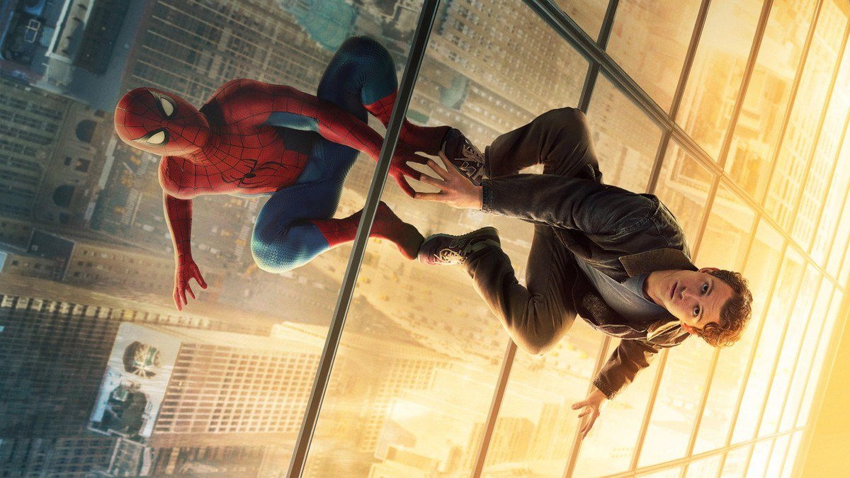 Spider-Man and Peter Parker climb a glass skyscraper in mirrored poses