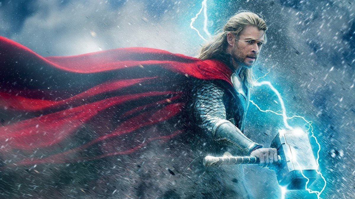Thor swings his hammer through a storm of lightning, red cape flying