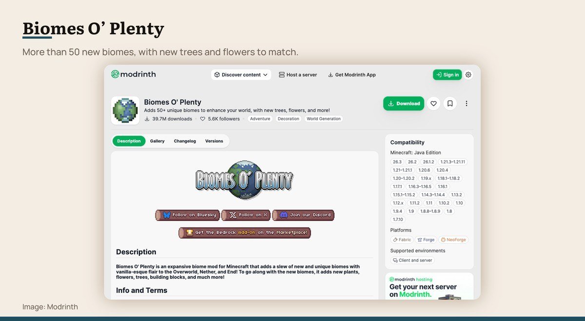 The Biomes O Plenty page on Modrinth
