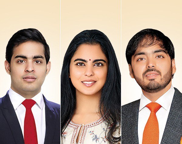 Three head and shoulders portraits side by side of Akash, Isha and Anant Ambani