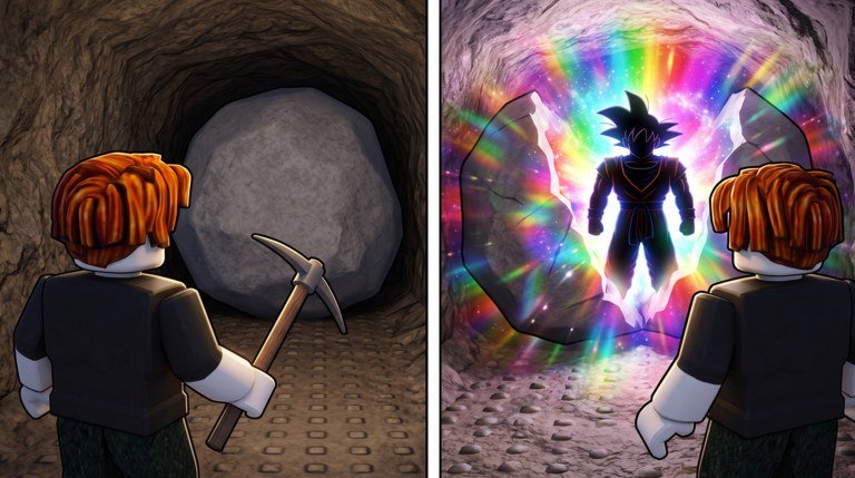 My Anime Mine avatar swinging a pickaxe at a boulder beside a rainbow portal on Roblox