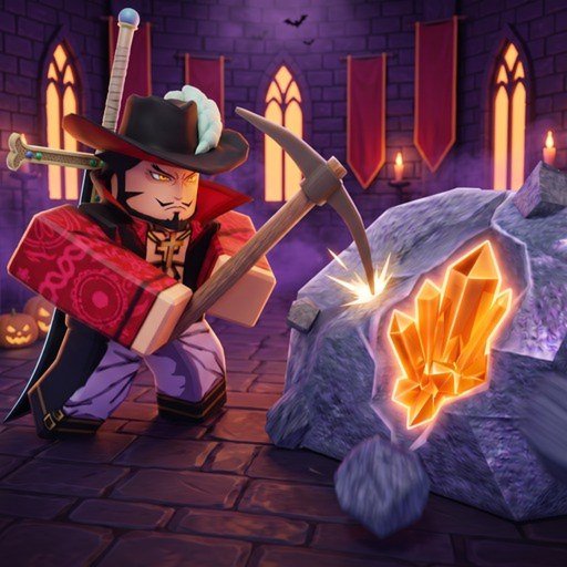 My Anime Mine game icon showing a swordsman mining an orange crystal on Roblox