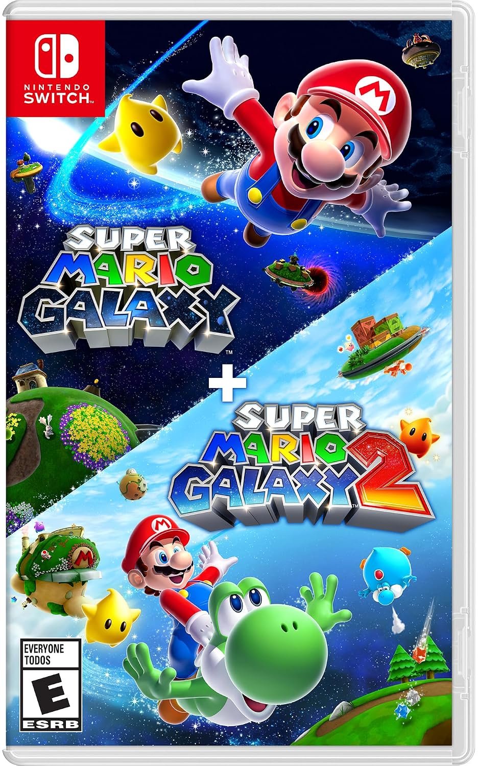 Super Mario Galaxy and Super Mario Galaxy 2 box art with the Nintendo Switch header