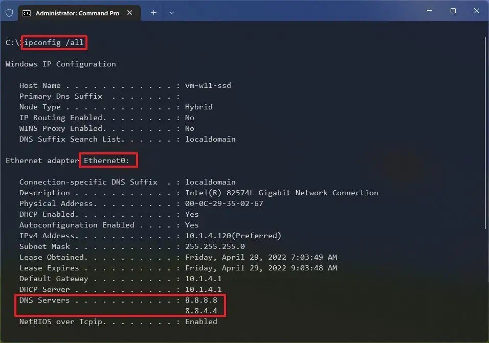 Windows Command Prompt running ipconfig /all with the DNS Servers entries 8.8.8.8 and 8.8.4.4 outlined in red