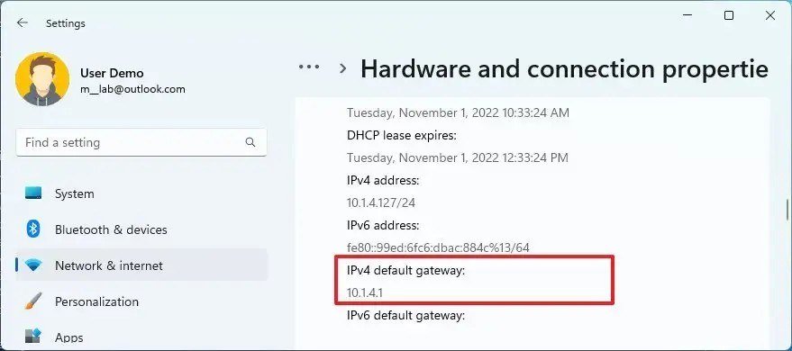Windows 11 Hardware and connection properties page with the IPv4 default gateway 10.1.4.1 outlined in red