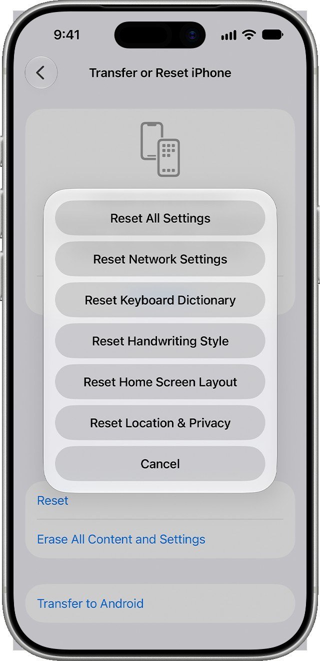 iPhone Transfer or Reset iPhone screen with the Reset menu listing Reset Network Settings