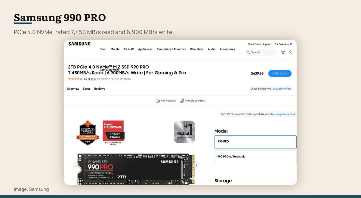 The Samsung 990 PRO NVMe SSD product page showing its rated speeds