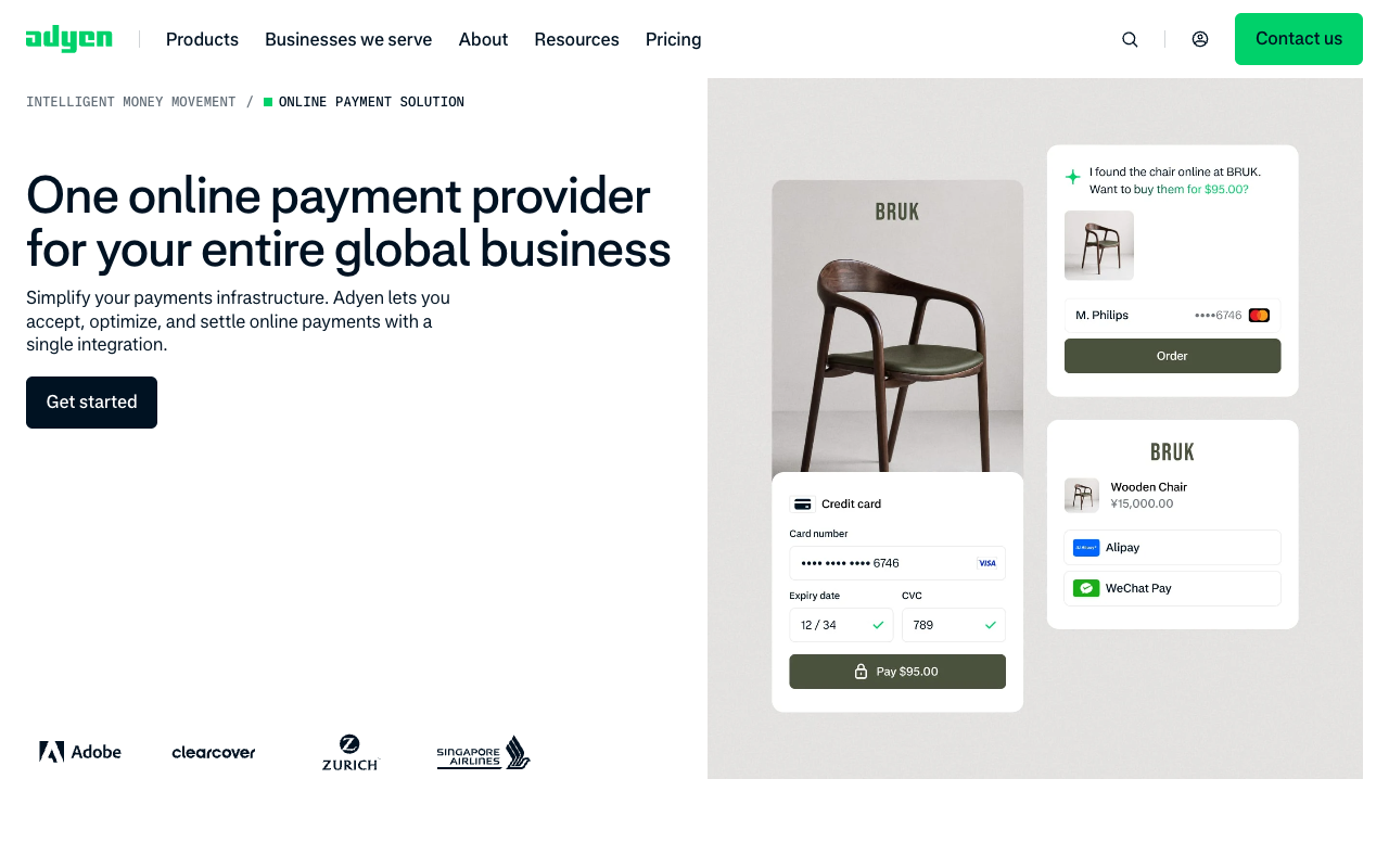 Adyen online payments page describing a single provider for global businesses