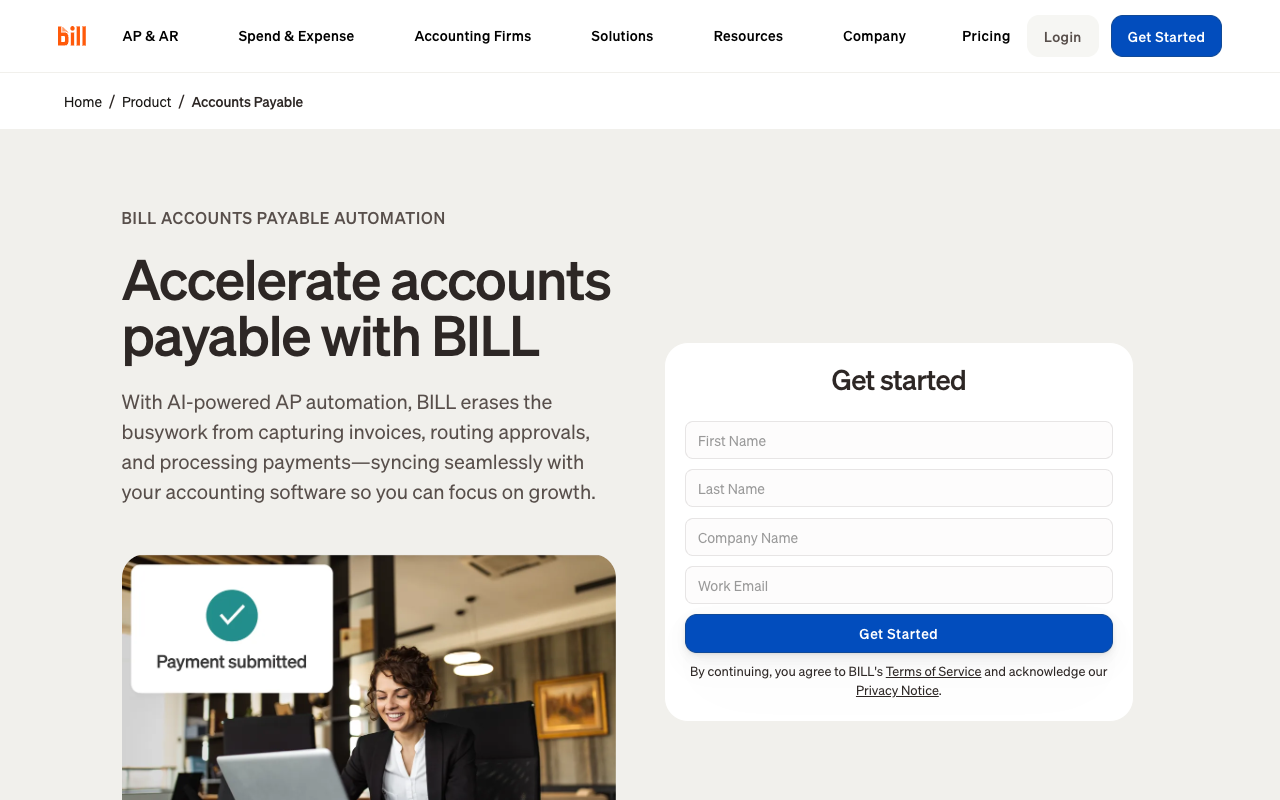 BILL accounts payable page describing automated invoice capture and approvals