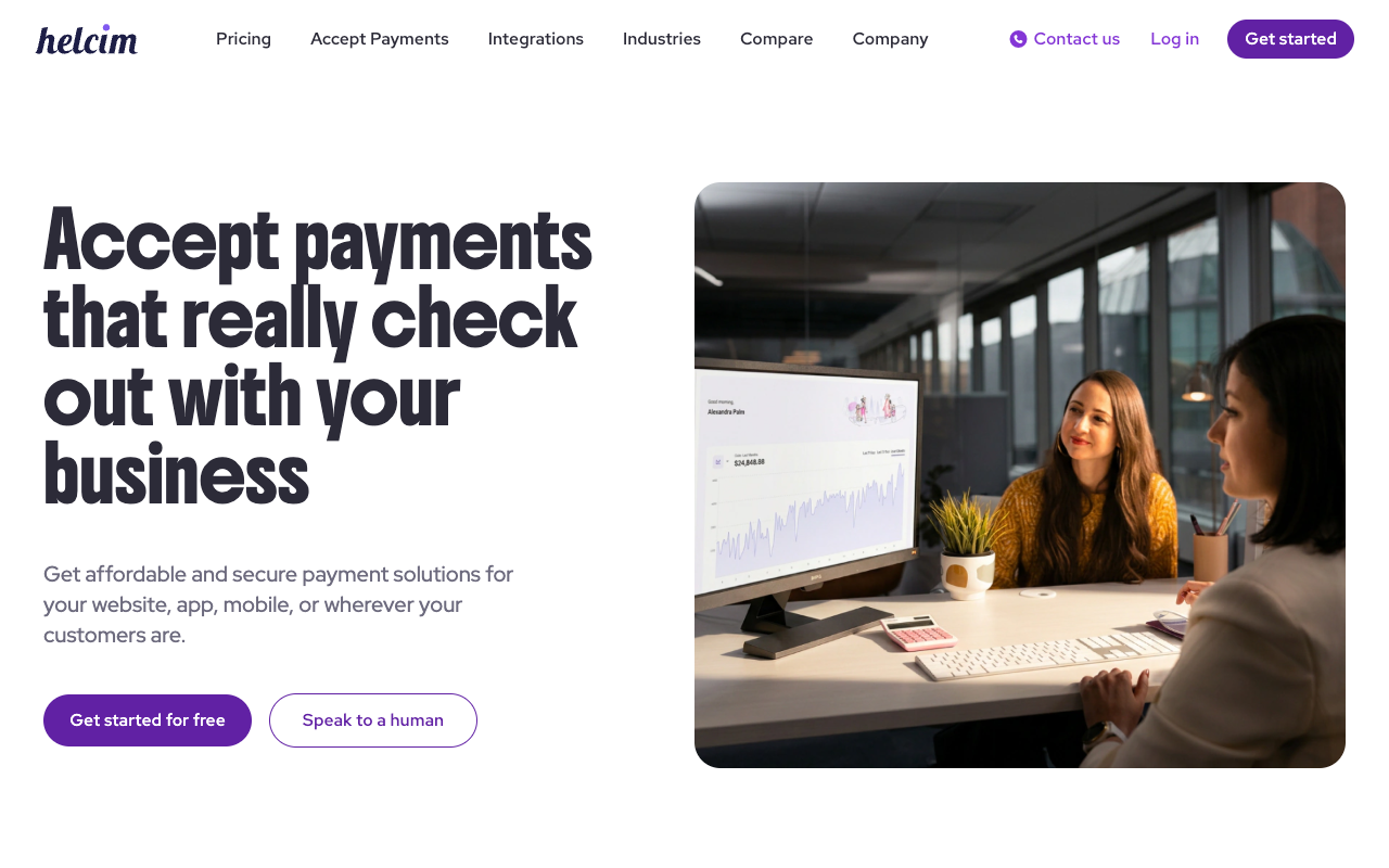 Helcim online payments page describing payment tools with no monthly fees