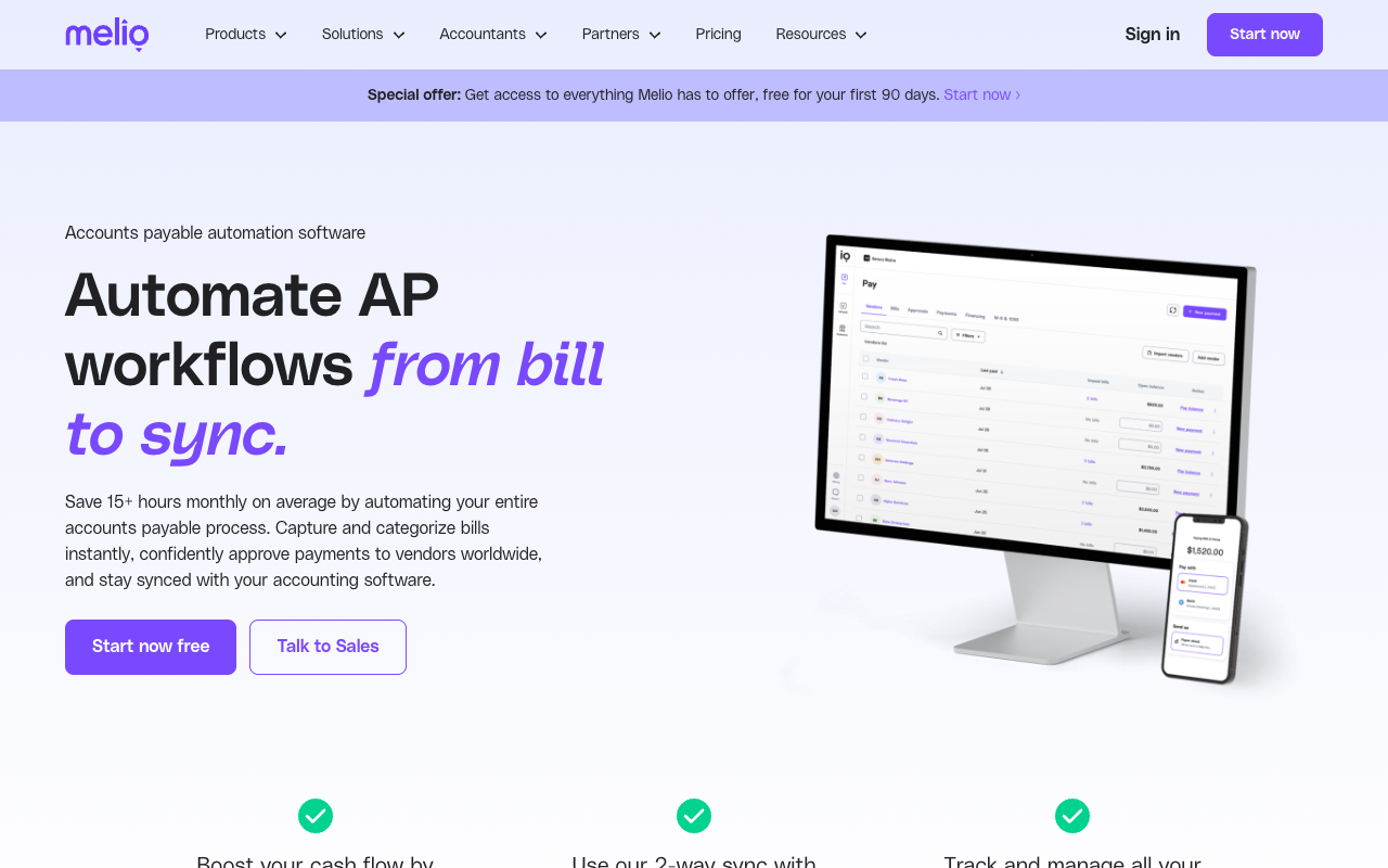 Melio accounts payable page showing automated bill-to-sync payment workflows