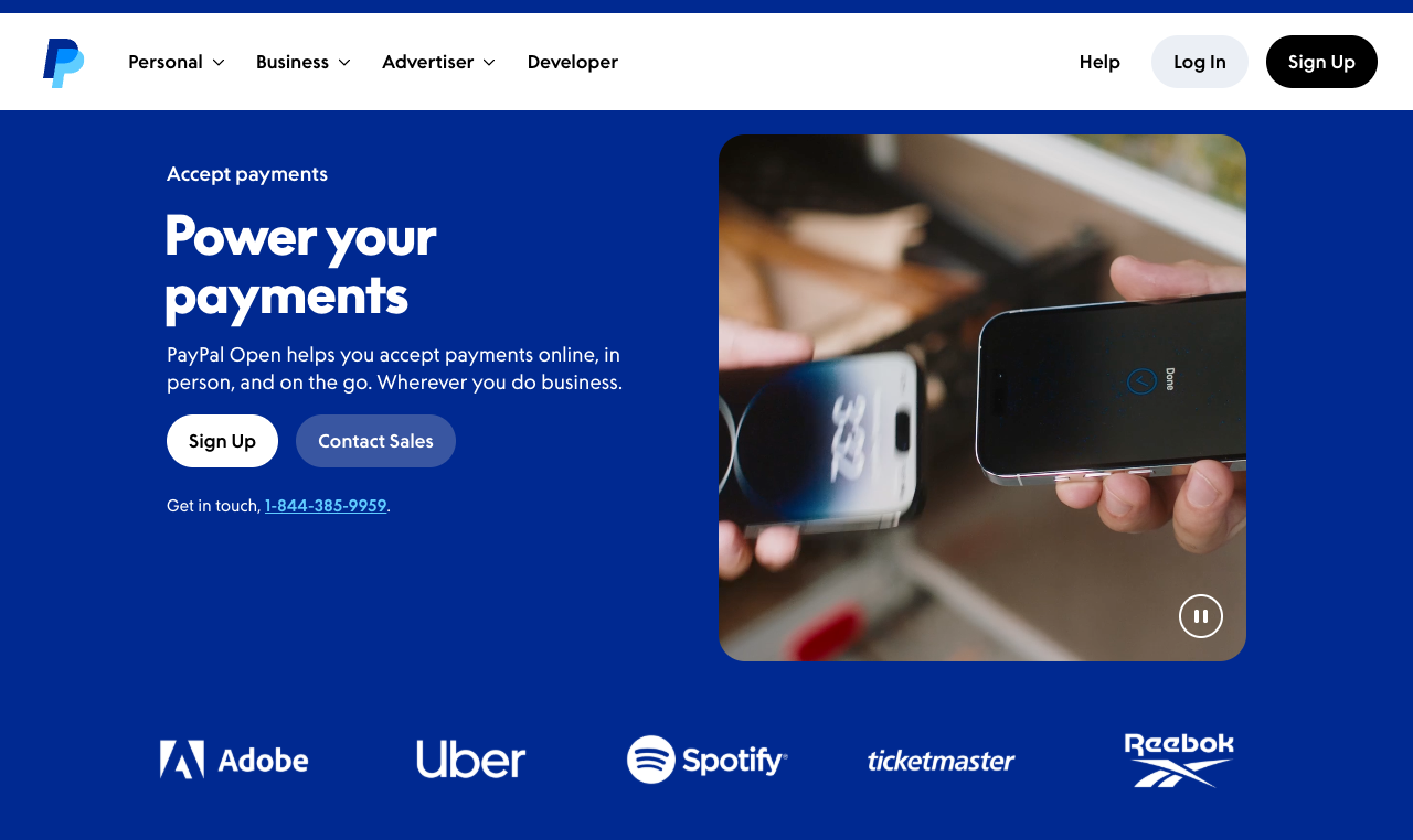 PayPal business page describing how to accept online and in-person payments