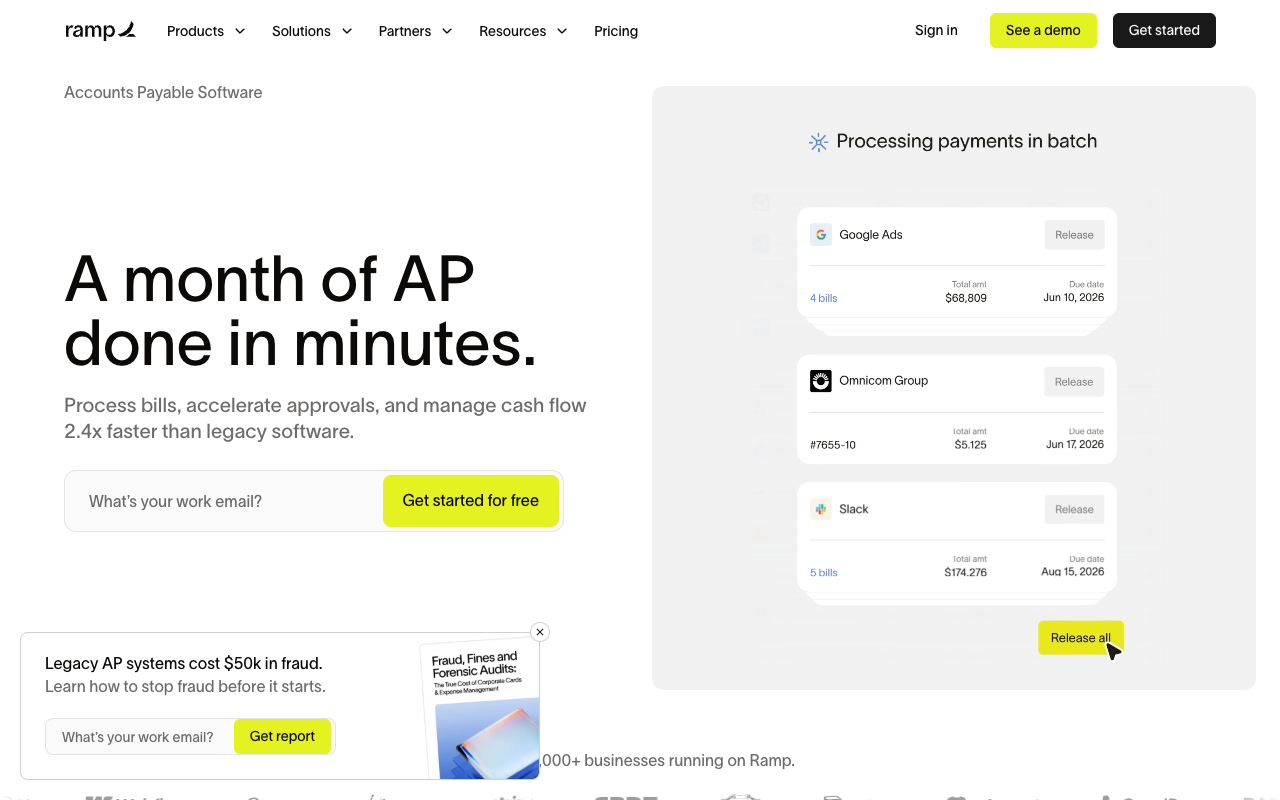 Ramp bill pay page showing batch payment processing for accounts payable