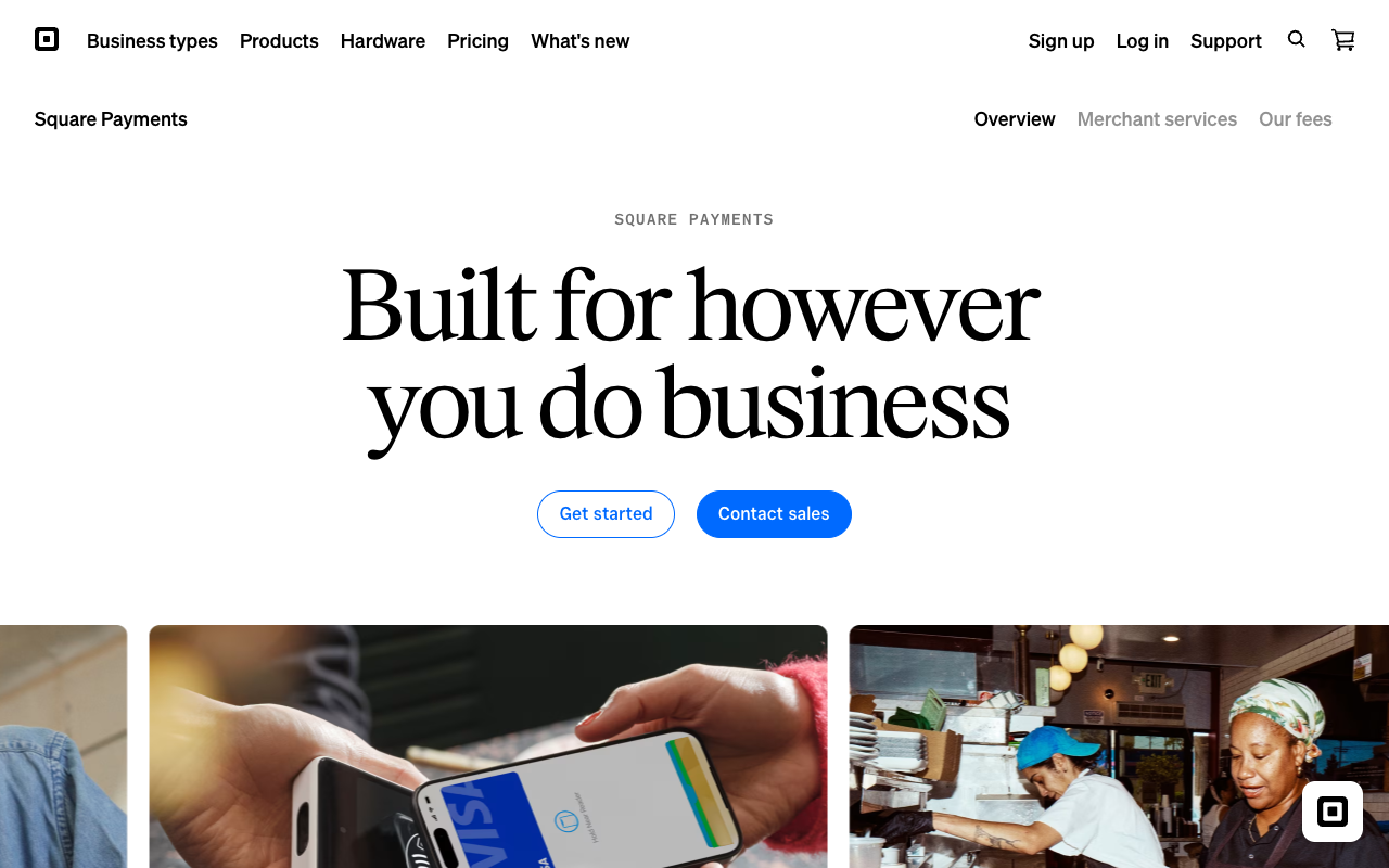 Square Payments page describing in-person, online and on-the-go selling