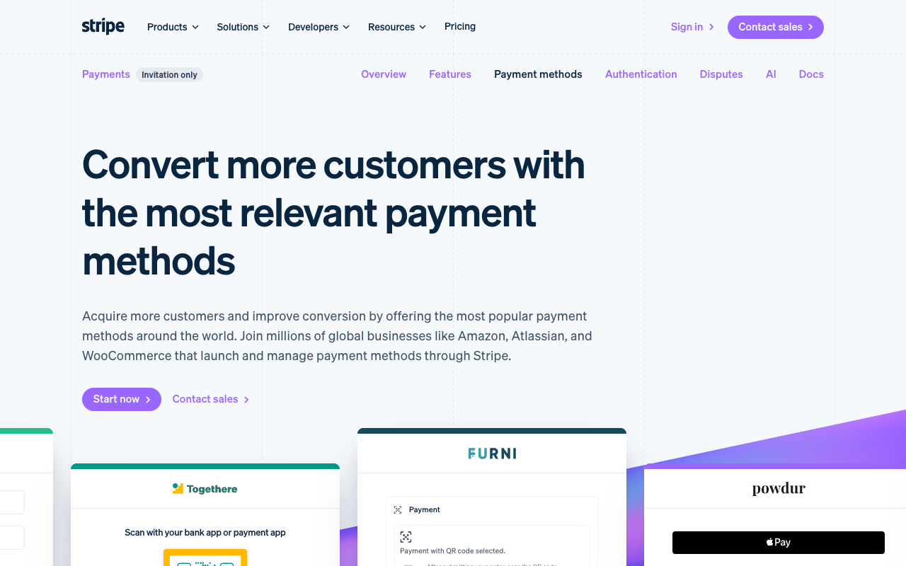 Stripe payment methods page showing the options a single integration can accept