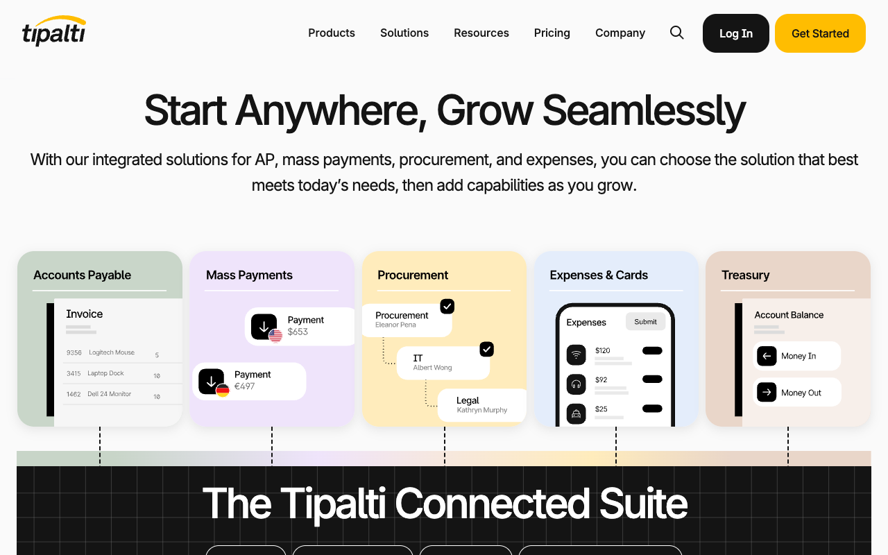 Tipalti accounts payable software page describing its connected finance suite