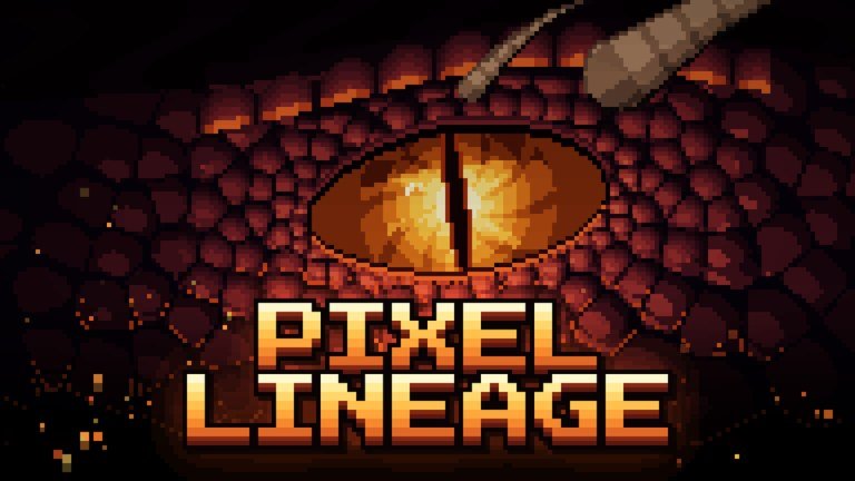 Pixel Lineage logo lit by torchlight on a cavern wall