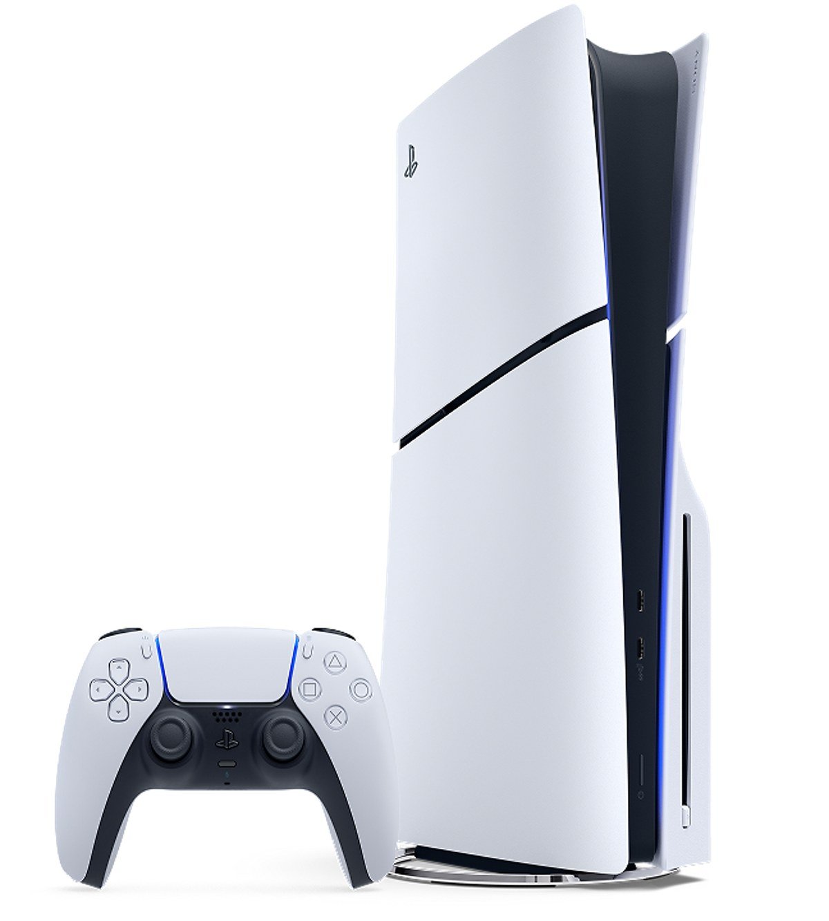 Current PS5 console standing upright next to a DualSense controller