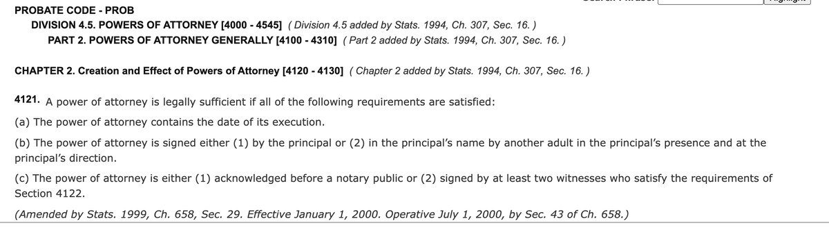California Probate Code section 4121 allowing a notary or two witnesses for a power of attorney