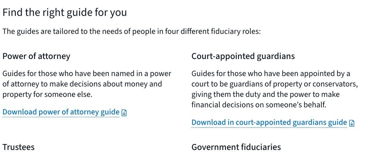 CFPB page offering separate guides for power of attorney agents and court-appointed guardians