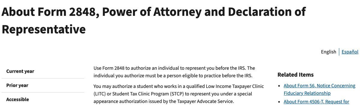 IRS page explaining Form 2848 representatives must be eligible to practice before the IRS