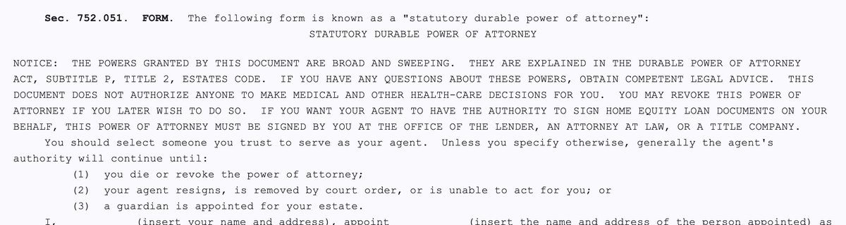 Opening notice of the Texas statutory durable power of attorney form in Estates Code section 752.051