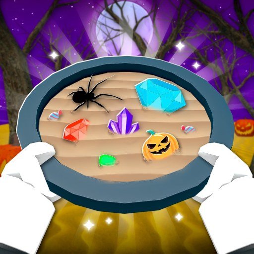 Prospecting game icon with a Halloween pan holding gems, a spider and a pumpkin