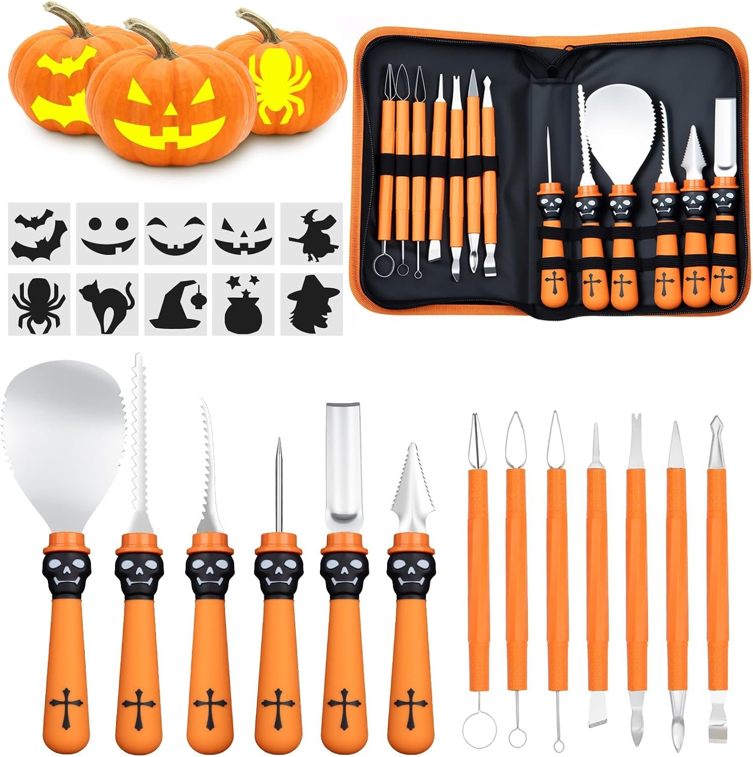 13 piece pumpkin carving kit with ten stencils and a zipped carrying case