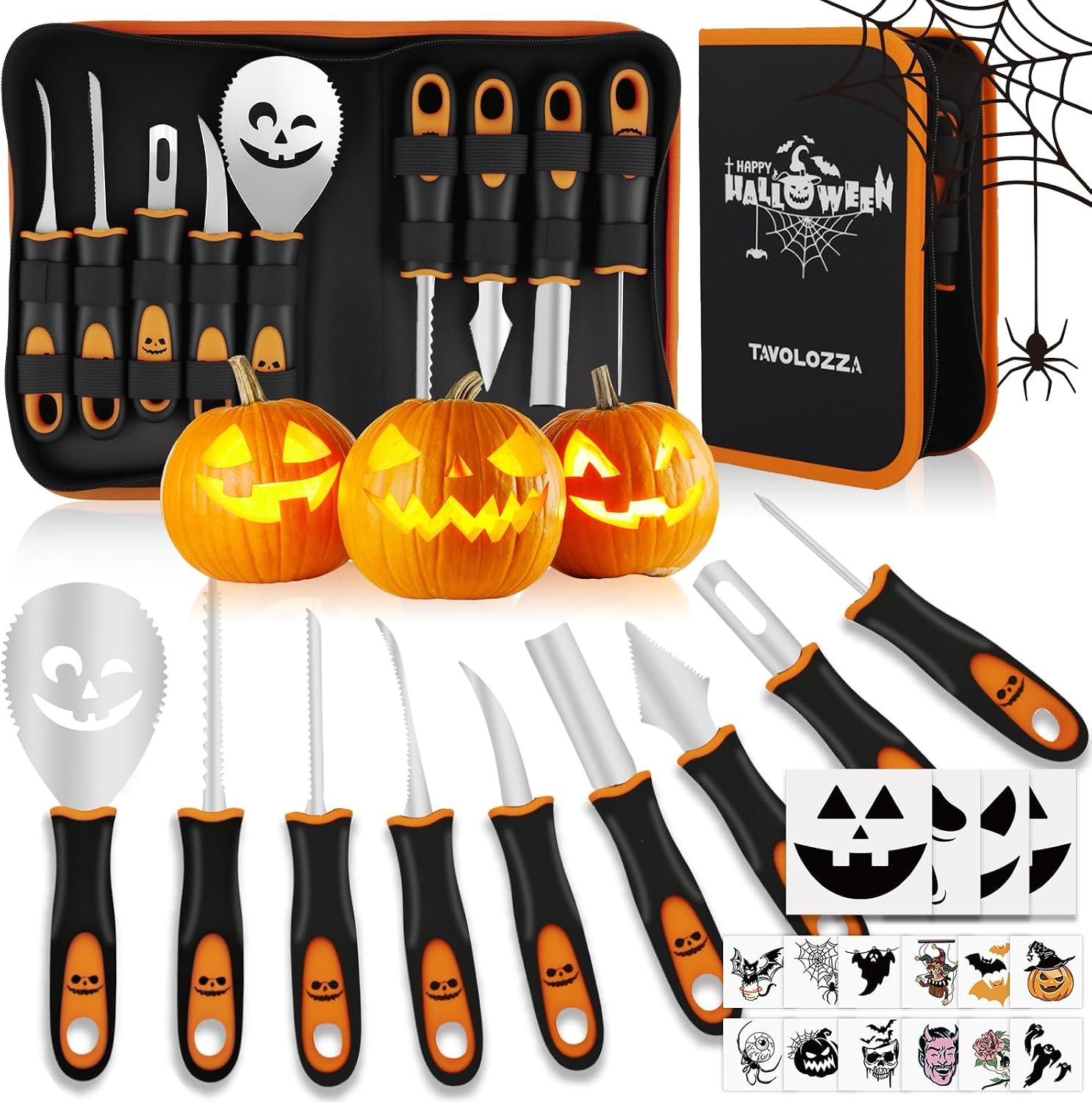 26 piece pumpkin carving kit laid out with nine knives, a saw, a scoop and its carrying case