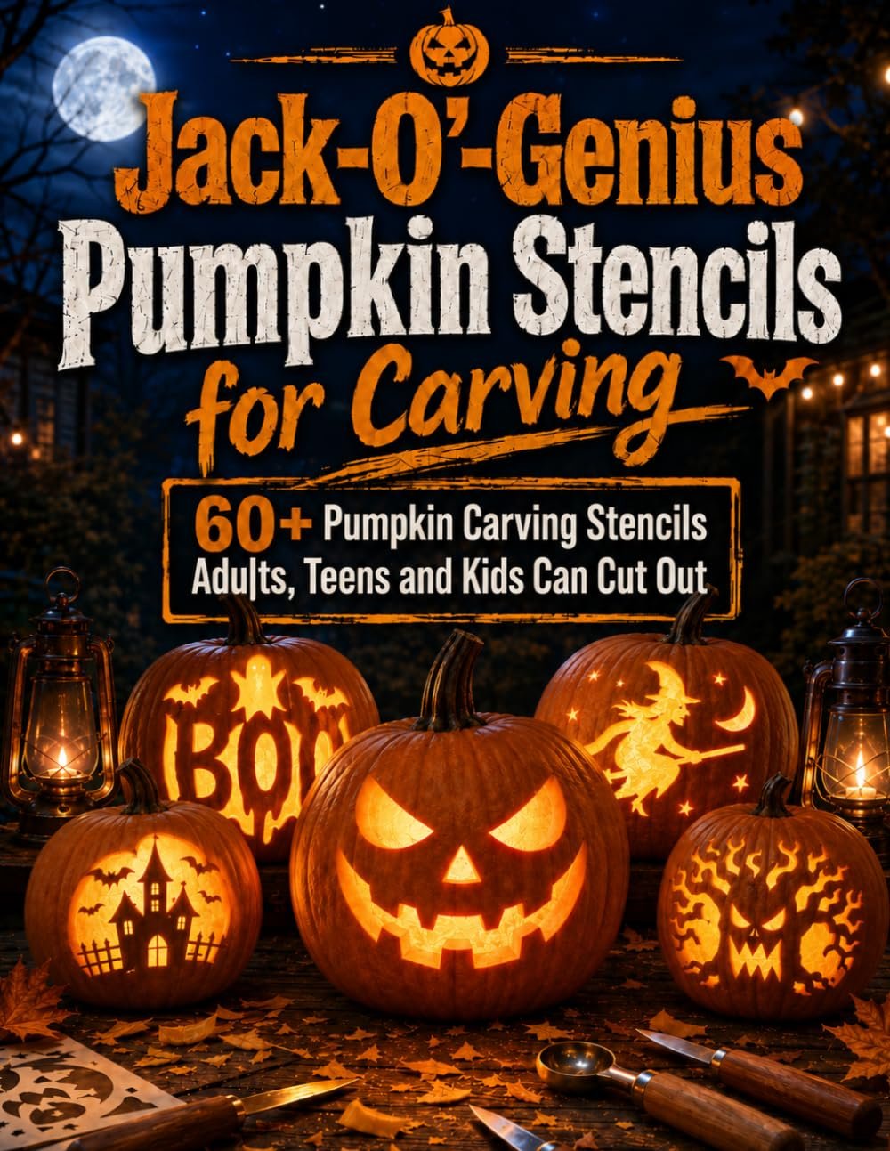 Jack-O'-Genius pumpkin stencil book cover showing carved jack-o-lanterns