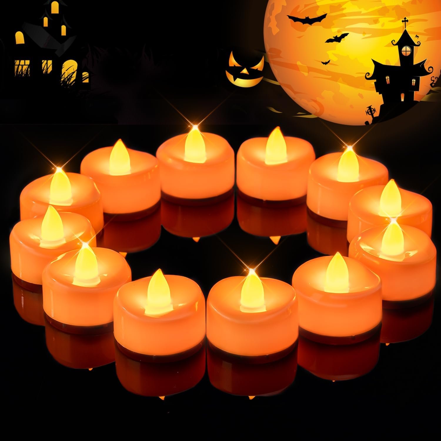merrynights orange flameless LED tea lights arranged in a ring with a flickering glow
