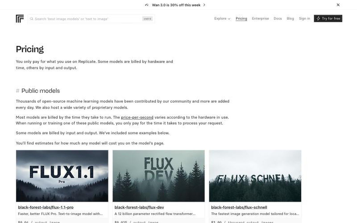 Replicate pricing page showing per-image costs for the FLUX model family