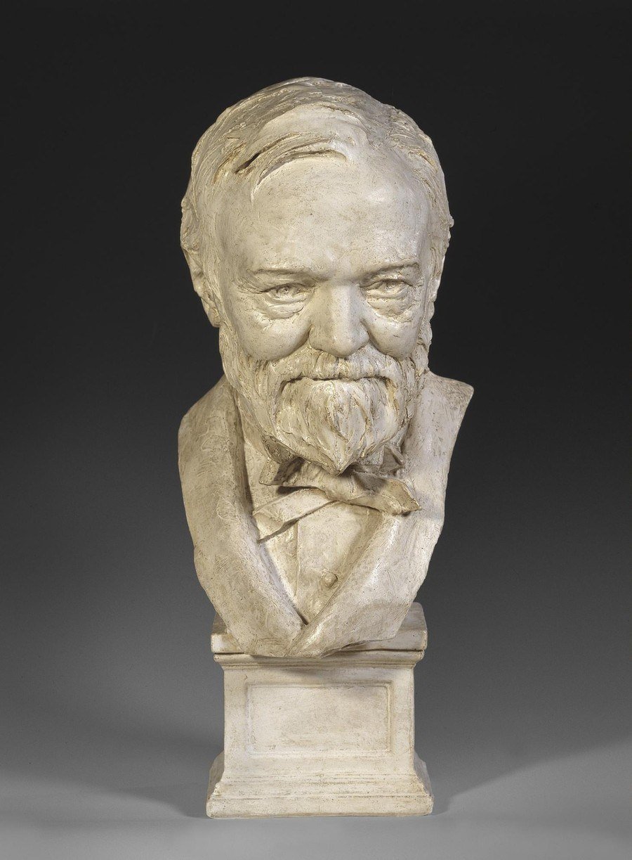 Sculpted bust of Andrew Carnegie with a full beard