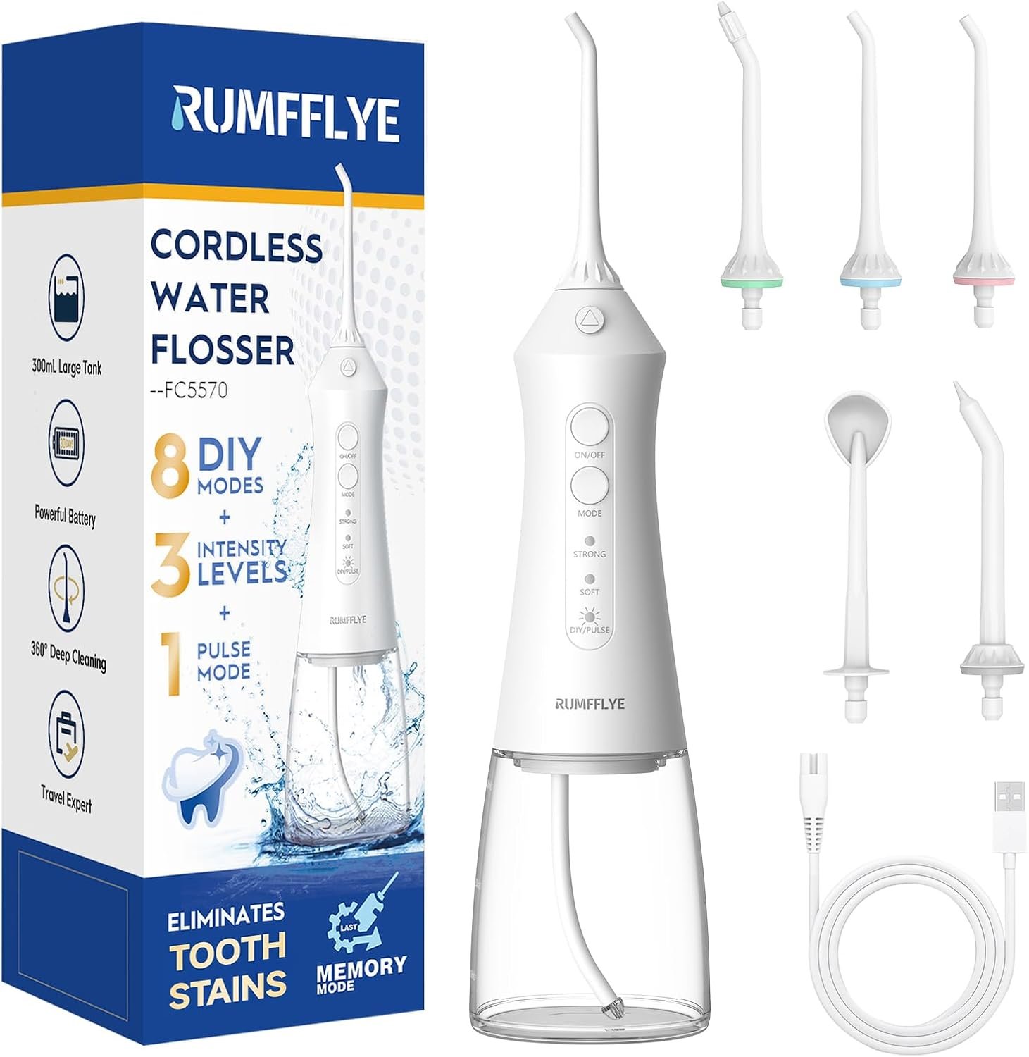 RUMFFLYE portable cordless water dental flosser in white with rotatable nozzles
