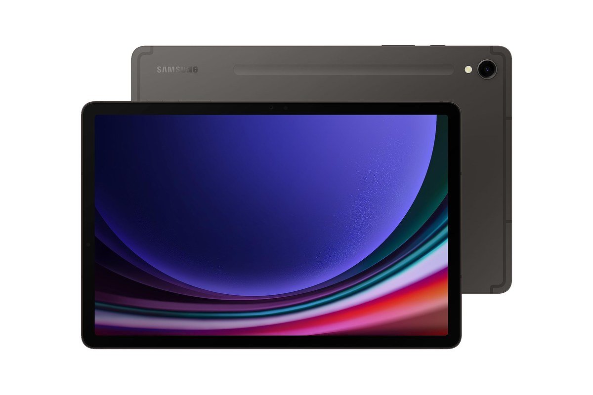 Samsung Galaxy Tab S9 in graphite seen from the front and back