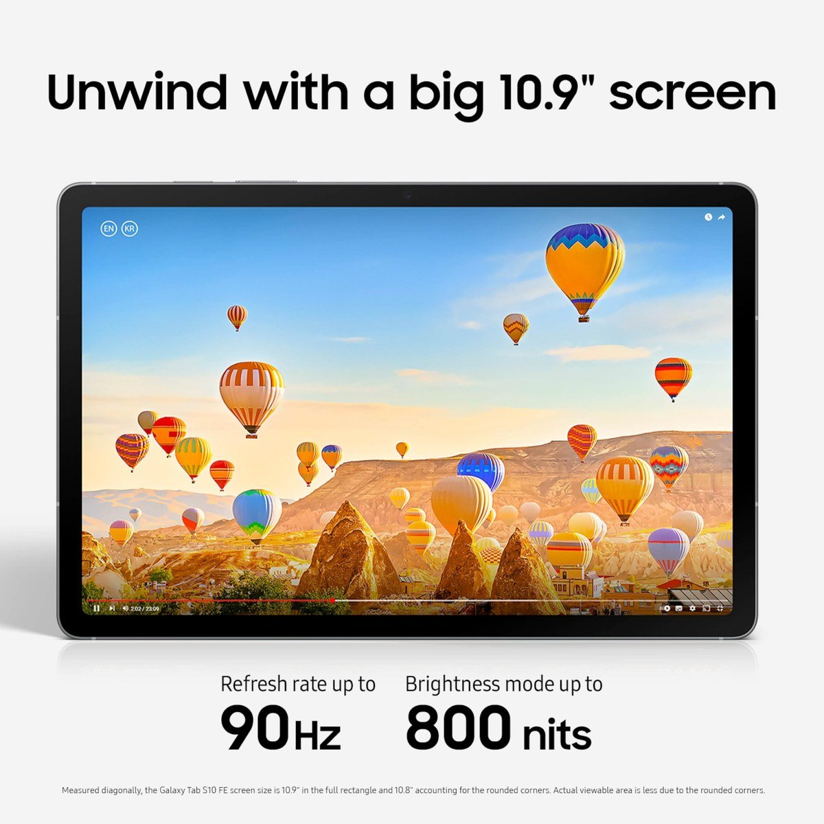 Samsung Galaxy Tab S10 FE showing a balloon landscape with 90Hz and 800 nits callouts
