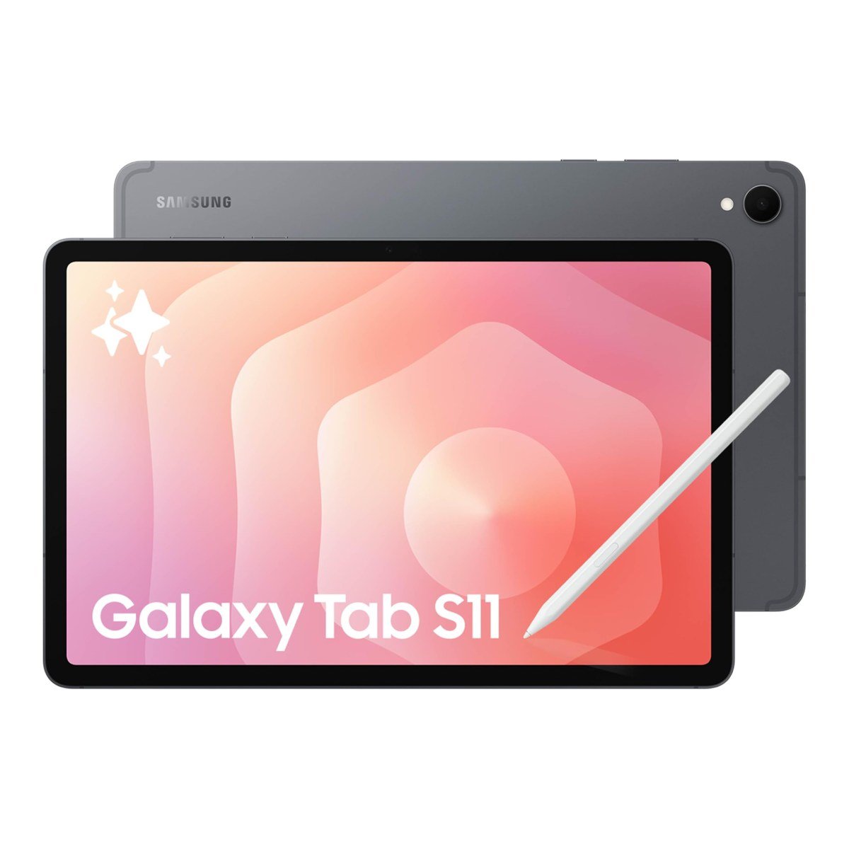 Samsung Galaxy Tab S11 in gray with the S Pen and the Galaxy Tab S11 logo on screen