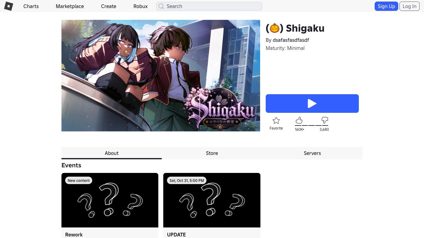Shigaku page on Roblox showing its like count and scheduled events