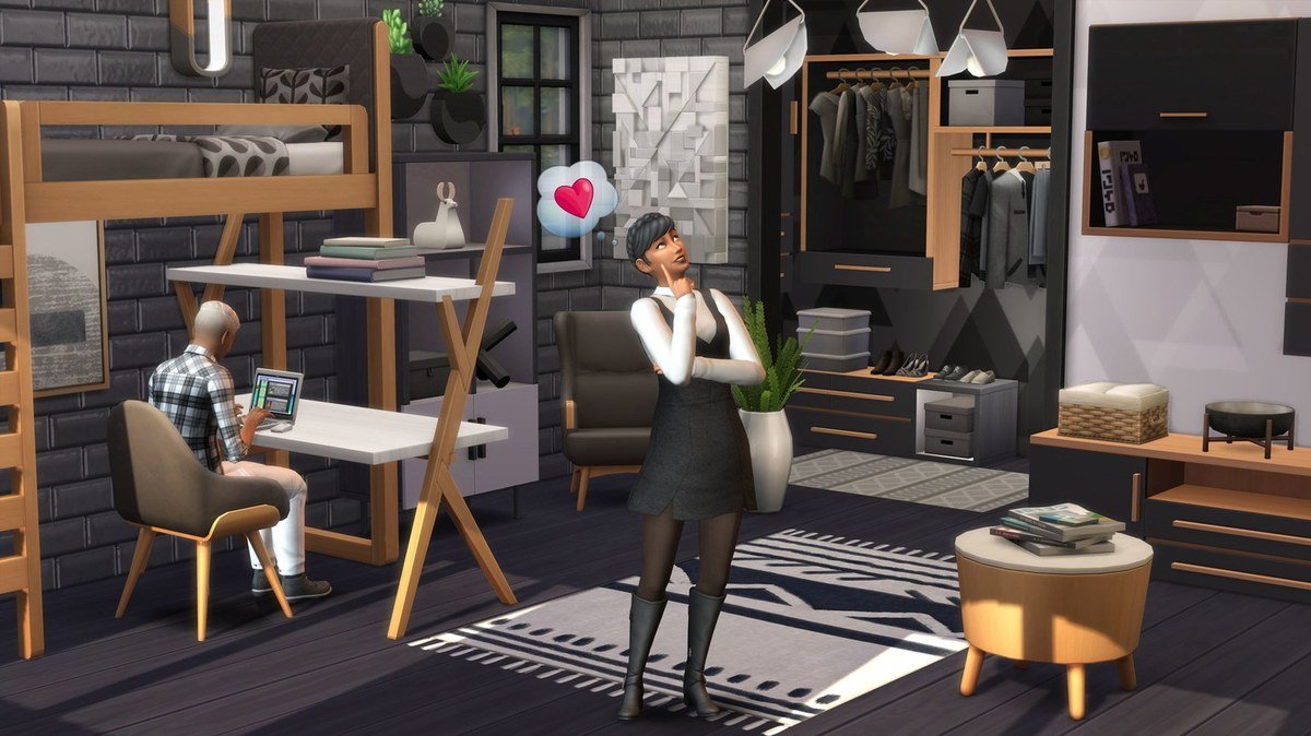 Decorated Sims 4 apartment interior with a desk, bed and clothes rail from Dream Home Decorator